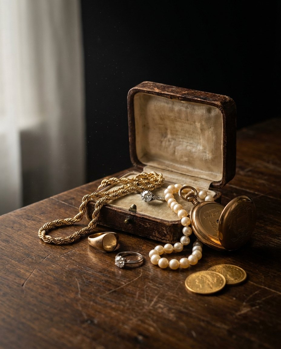 An open antique jewelry box with a gold chain, rings, pearls and a pocket watch