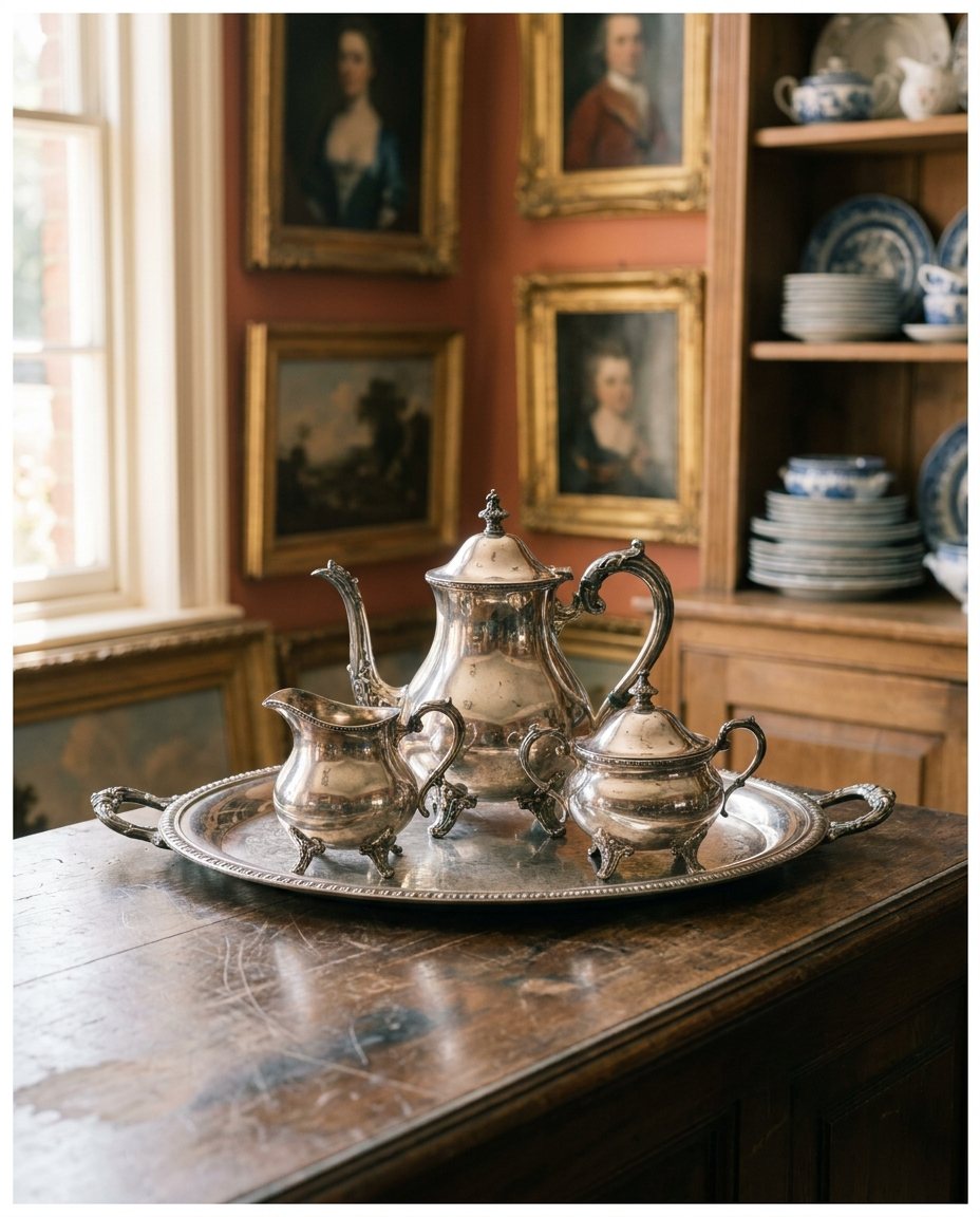 Antique sterling silver tea service — teapot, creamer and sugar bowl on a tray — on the shop counter